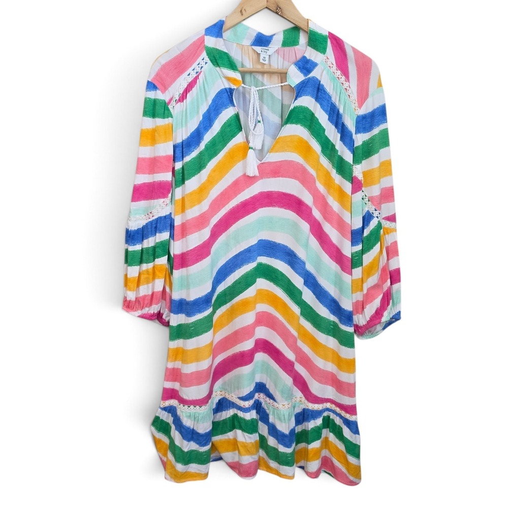 Crown & Ivy 1X Colorful Striped Tunic Dress Split Neck Tassels Coastal Cover Up